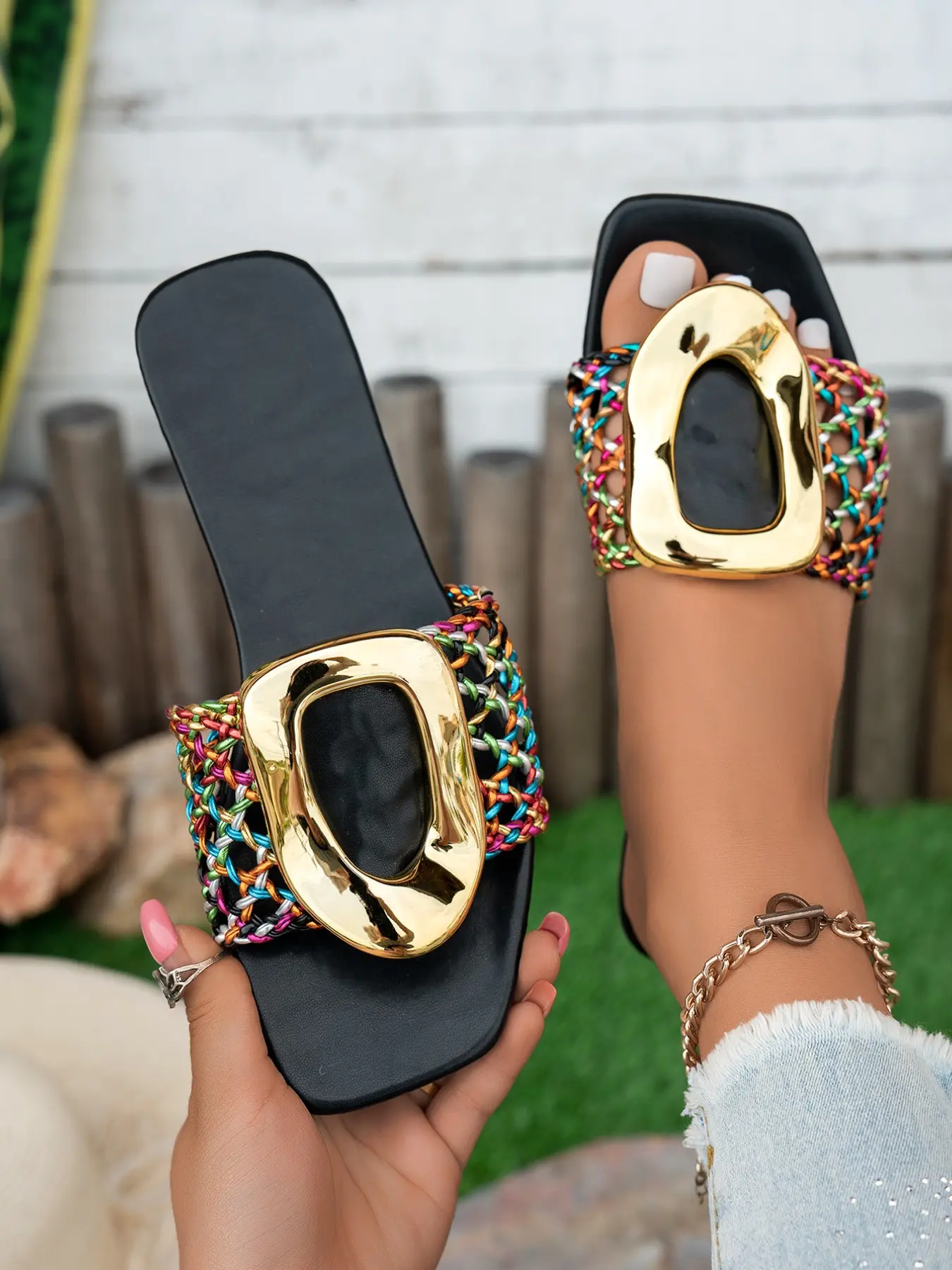 2026 New Colorful Women's PU Leather Fashionable Sandals, Patchwork Design, Casual Style, Anti-Slip Soft Flat Rubber Sole, Summer Vacation Versatile Big Size Slippers