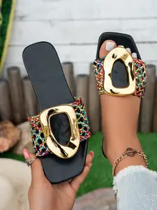 2026 new model, colorful, metal buckle decorations – woven, one-strap design, square-headed flat-bottom sandals, slip-resistant and abrasion-resistant soft-sole sandals, perfect for summer vacations and versatile large sizes.