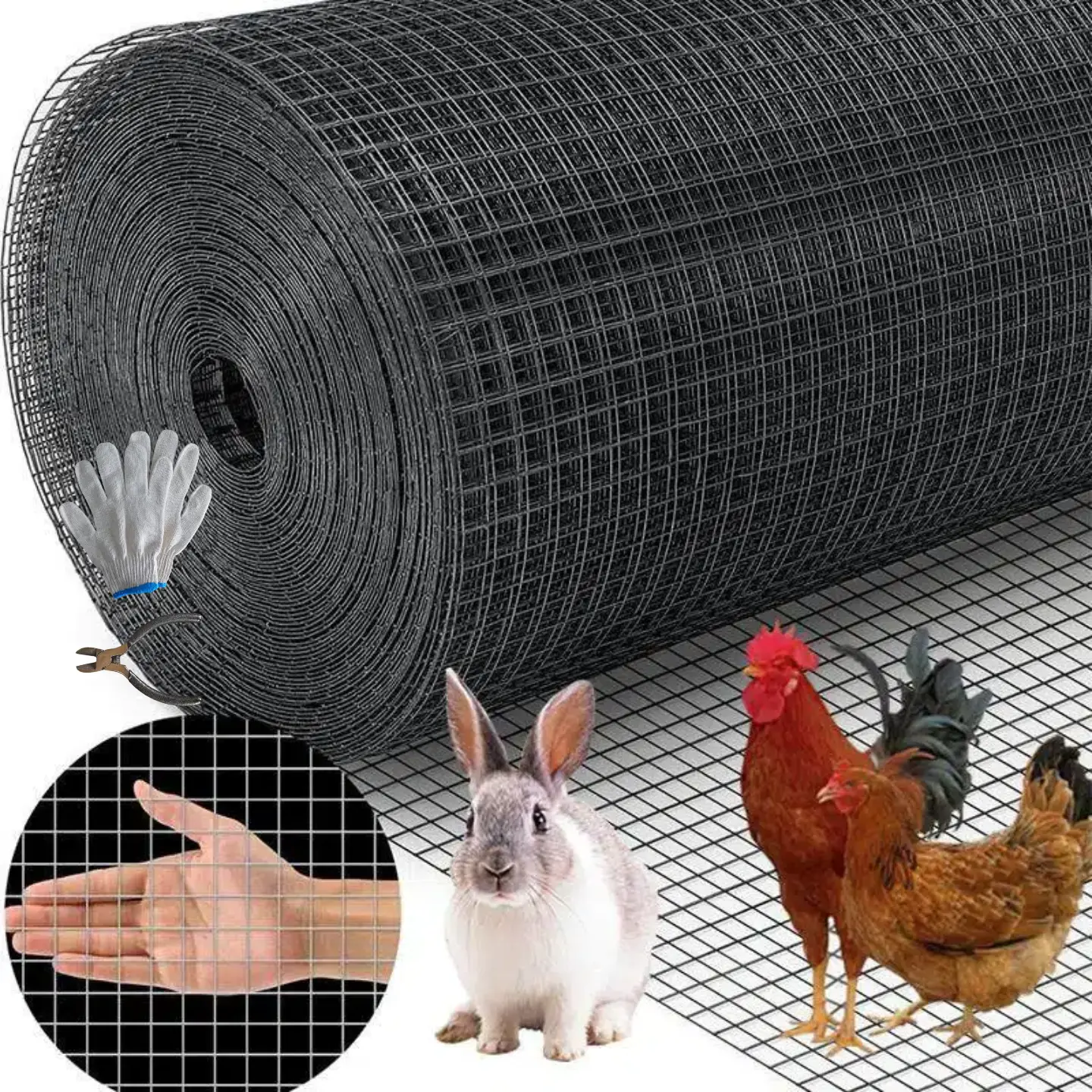 24in Wide 50ft Long Black 1/2in 19Ga PVC Coated Welded Hardware Cloth Wire Mesh Fence with Snips/Gloves, Durable Easy-to-Install Fencing Roll for Chicken Coops, Garden Use, Home Improvement, Boosting Durability & Enhancing Your Chicken Coop