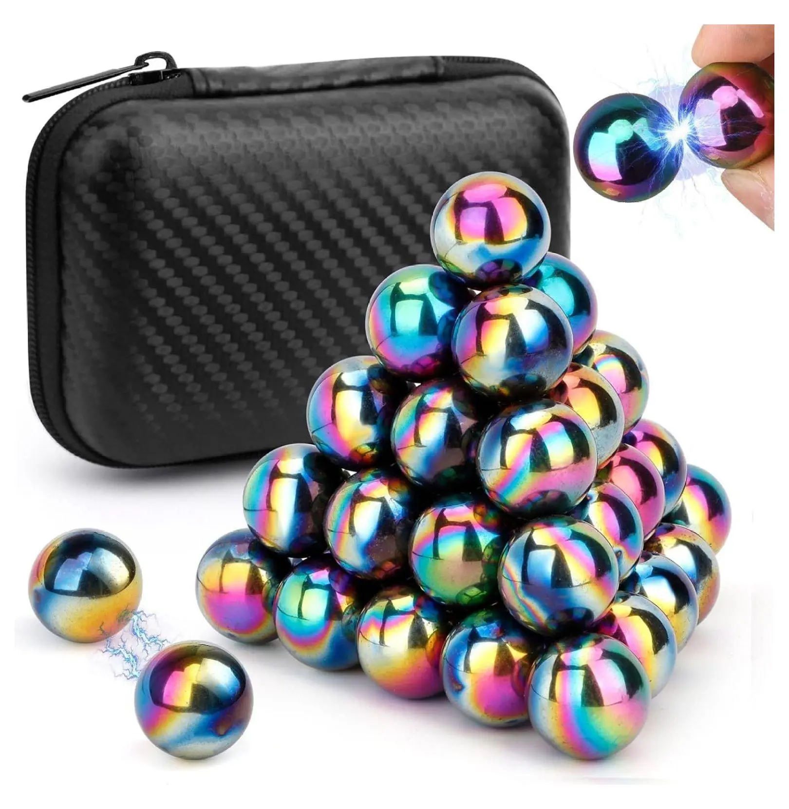 Magnetic Fidget Balls 28PCS, Rainbow Hematite Desk Toy for Adults, Men & Women; Stress Relief Hand Roller, Office Gadget, Science Kit with Storage Case 1.26 pounds