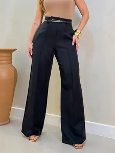 Plus Size Women's Wide Leg Pants High Waist with Belt Drape Straight Leg Long Pants Casual Commuter Style Loose Fit