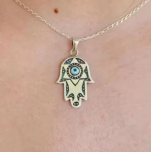 Sterling Silver Hamsa Hand of Fatima Mother of Pearl Evil Eye Pendant Necklace