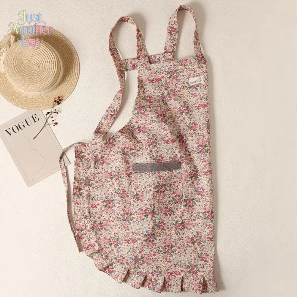 Floral Print Cotton Apron for Women, Retro Cottagecore Style Back-Belt Apron with Ruffled Hem & Pocket, Anti-Stain Kitchen Apron for Baking, Gardening & Florists