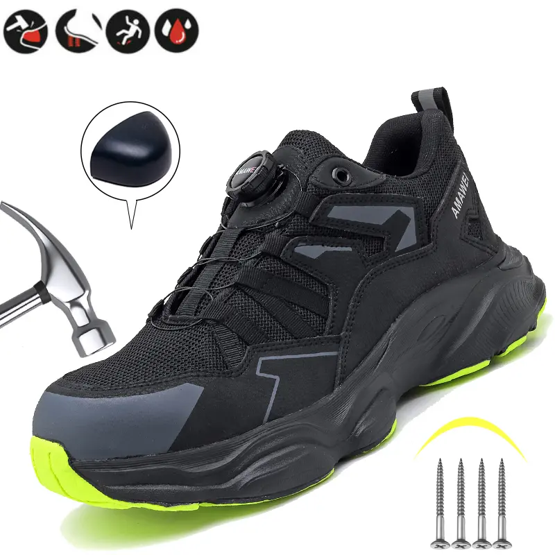 Men's Indestructible Steel Toe Safety Work Footwear - Slip-Resistant, Abrasion-Resistant, Comfortable Rotary Buckle Sneakers for Workers, Closed Mesh Walking Shoes