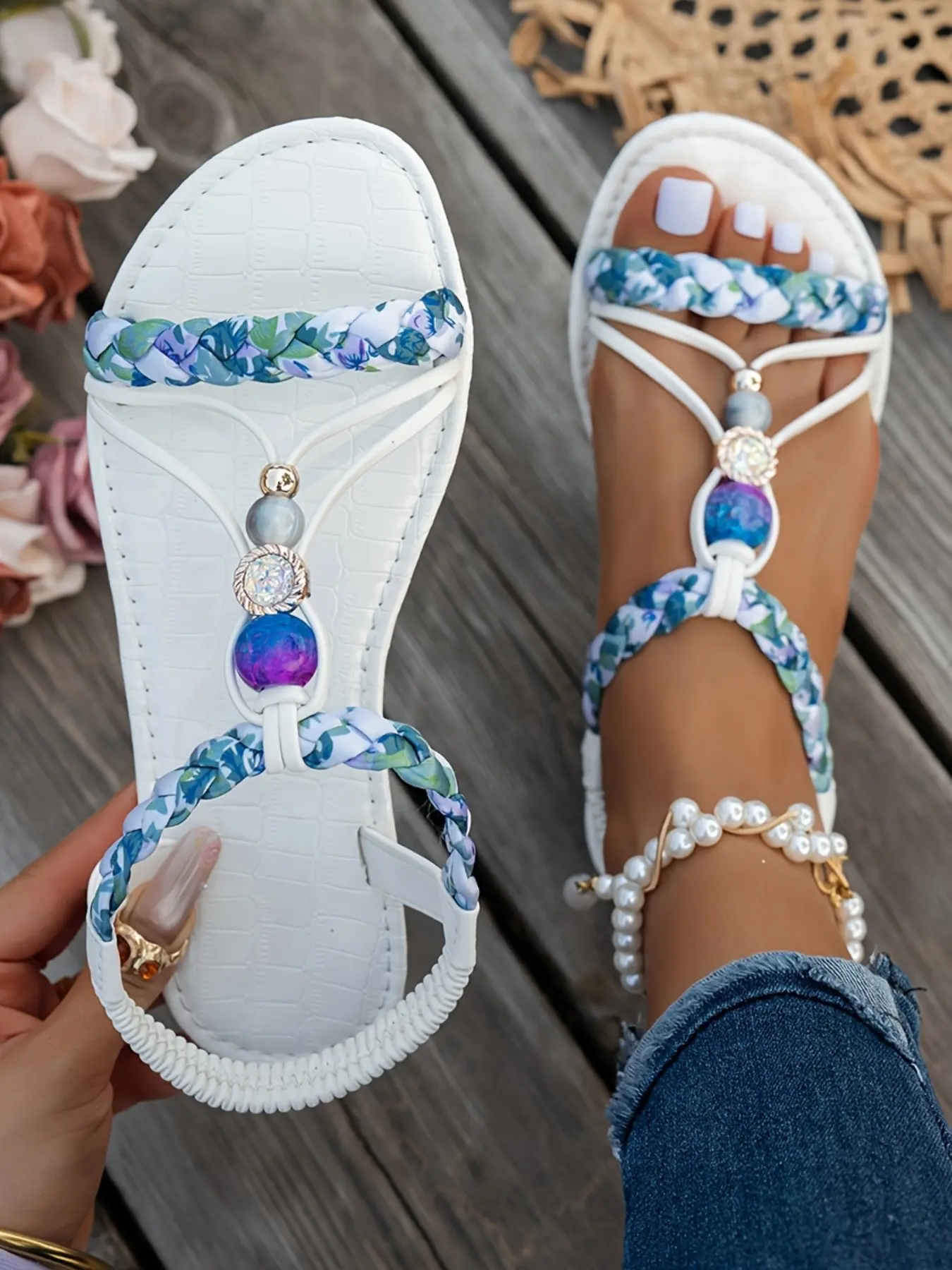 New Flat Sandals Beaded Sandals Blue Gradient Beads and Rhinestones, Chain Print, Soft Elastic Sole, Hollow Out Design, Casual Summer Sandals, All Seasons, Summer, Footwear, Flat Sandal Shoes