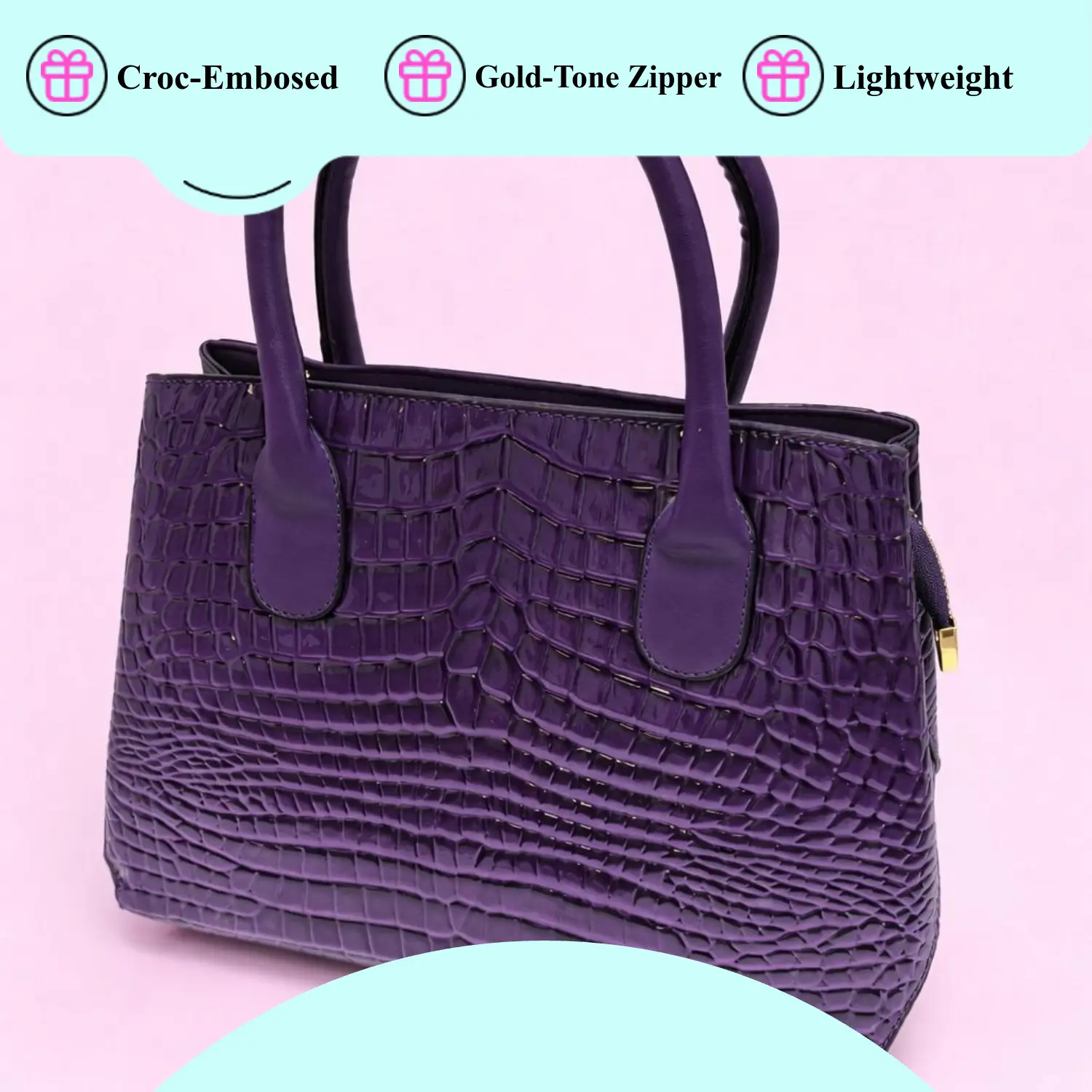 [Summer Picks] Women's Designer-Inspired Croc-Embossed Glossy Structured Mini Handbag - Affordable Luxury, Sturdy Top Handles, Smooth Lining, Elegant Gold-Tone Zipper, Purse Must Haves, Ideal for Daily Outings, Dressy Occasions