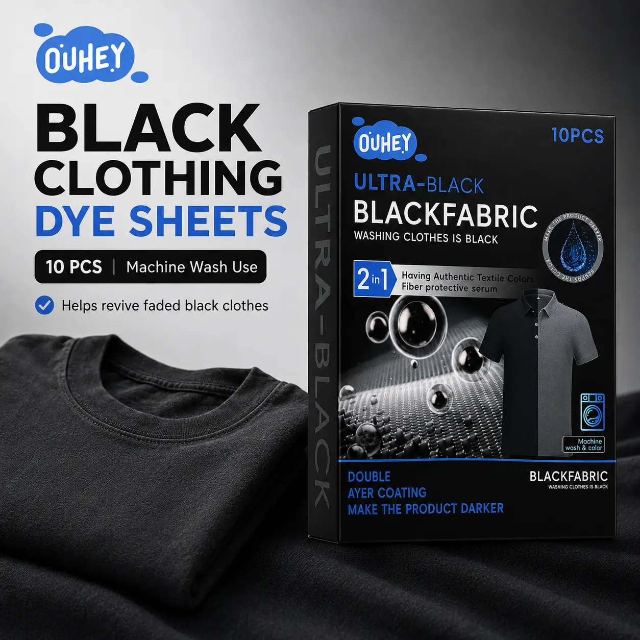 Faded Black Laundry Dye Sheets Pack (10 Count) - Wash-In Dark Garments Color Restorer for Washer/Basin Use, Fits Black Clothes, T-Shirts, Jeans, Includes Gloves, Household