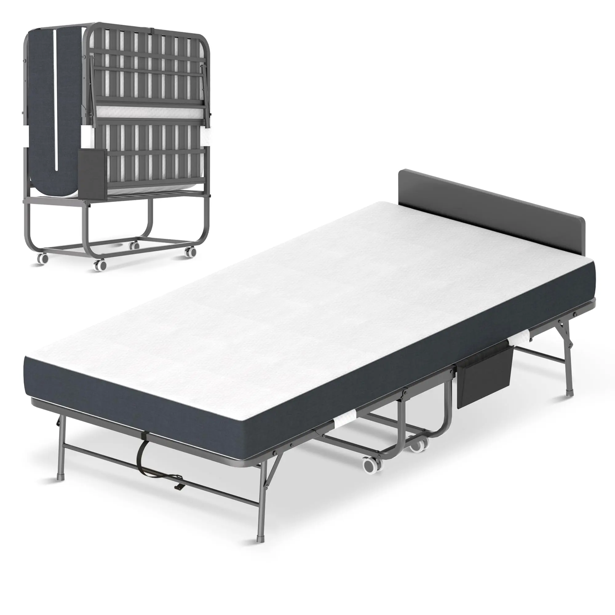 【Summer sale】Folding Bed with Mattress for Adults - Metal Bed Frame with Lockable Wheels, Side Pockets & Headboard - Folds for Easy Storage - 3 Sizes (75"x31"/75"x38"/75"x46") - Ideal for Guest Rooms, Travel & Small Apartments