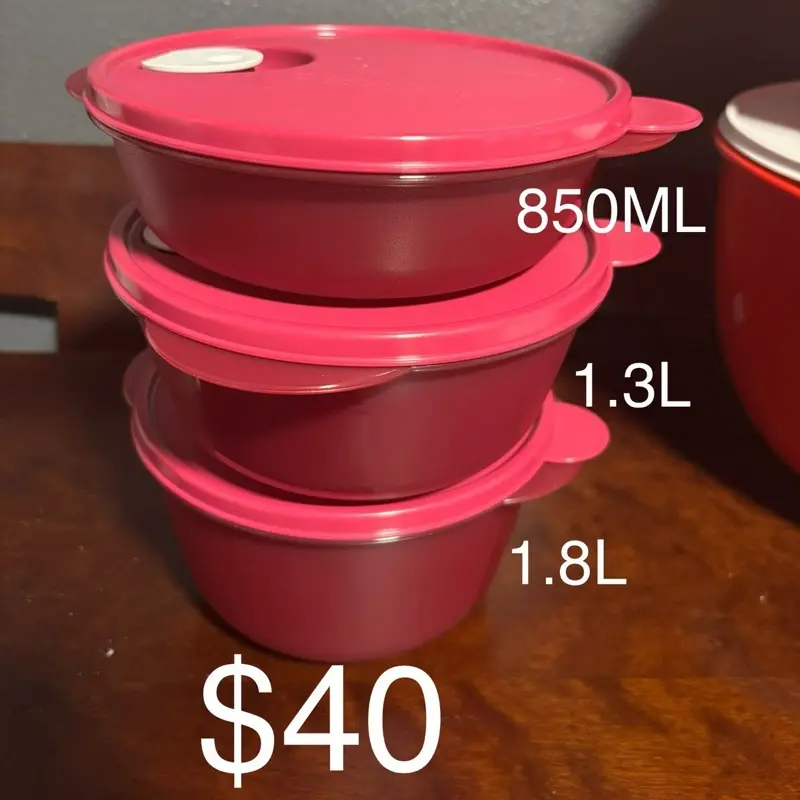 Tupperware Containers - Red Plastic Lids, Available in 850ML, 1.3L, 1.8L Sizes, Total 3 Containers