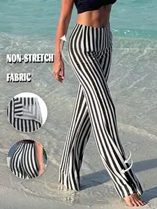 GILIPUR Women's High-Waisted, Drapey Polyester Black & White Striped Wide-Leg Pants — TChic Casual Trousers