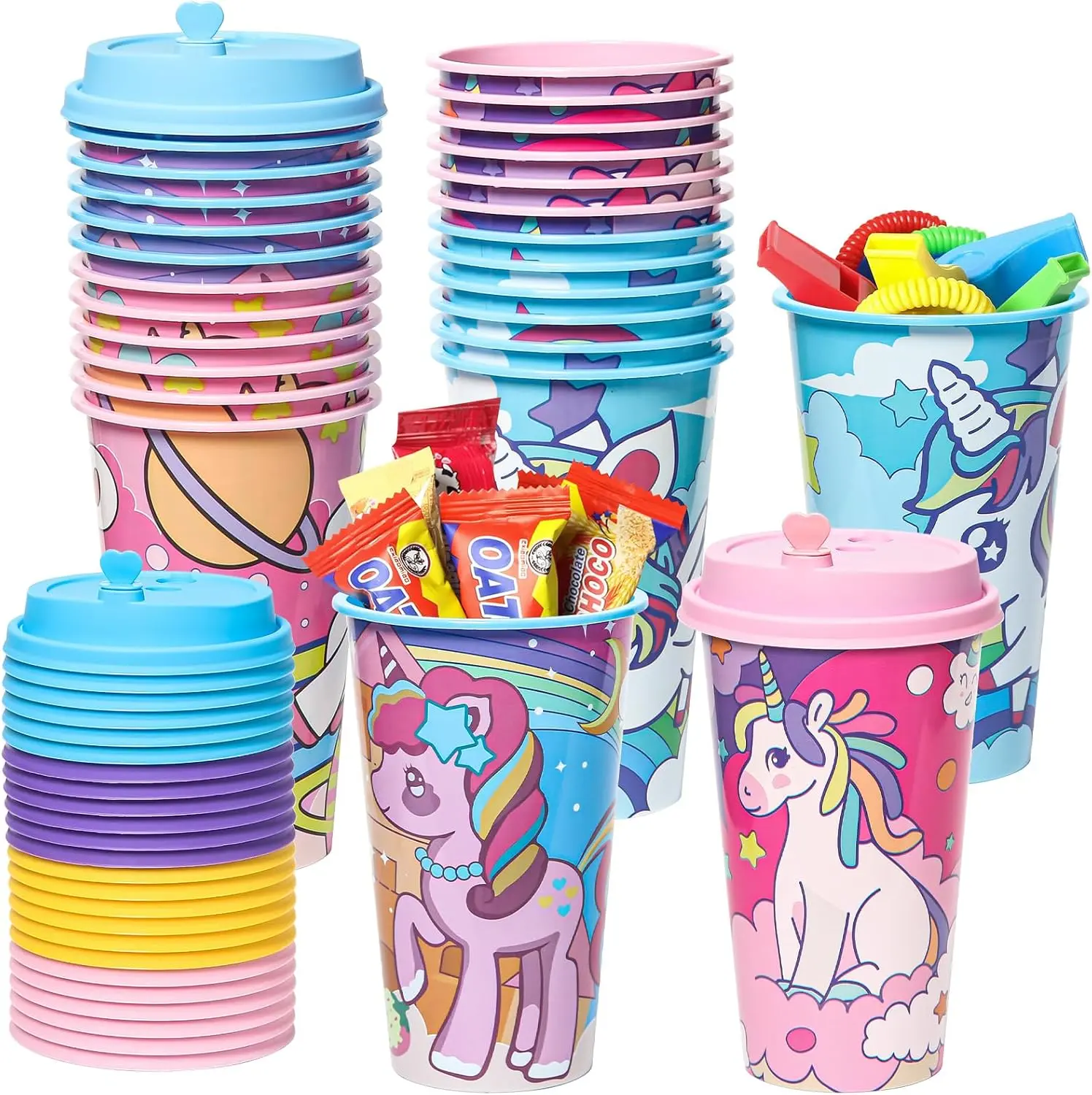 Reusable Rainbow Unicorn Party Favor Goodie Cups, 24-Pack 16oz Plastic Cups with Lids & Plugs (4 Colors) - Festive Party Supplies for Kids