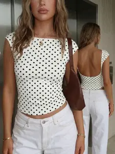 Women's Black and White Polka Dot Backless Top, Ladies Sexy U-Back Short Sleeve T-Shirt, Elegant Boat Neck Slim Fit Gown, Trendy Casual 2026 Summer Basics