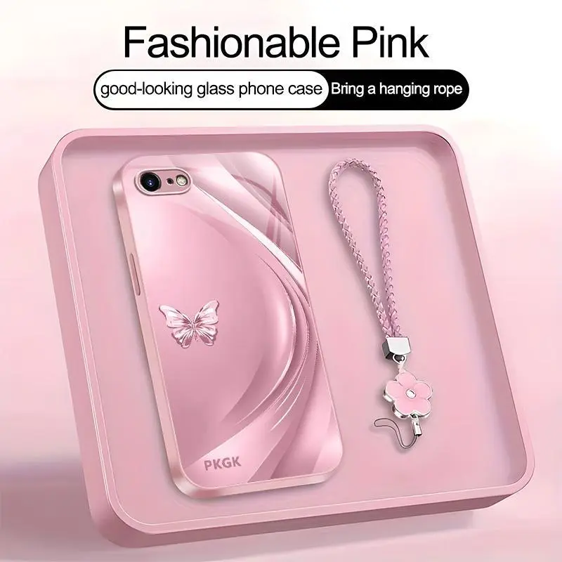 Suitable for [iPhone 8] high-end women's phone case🥰，a beautiful four-leaf clover lanyard is included🍀，minimalist, sophisticated butterfly pattern，drop-resistant and fingerprint-resistant YM99