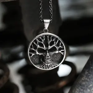 GTHIC Gothic Tree of Life Stainless Steel Pendant Skull Necklace for Men Women