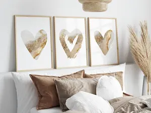 Beige & Gold Wall Art Prints, Marble Wall Prints, Love Hearts, Set of 3 Wall Poster, Gold Wall Art, Neutral Wall Decor, Bedroom Wall Art