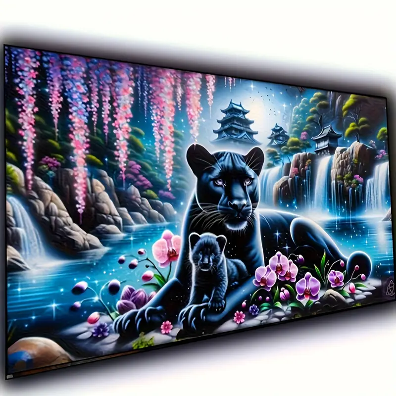 Waterfall Landscape Flowers,Panther 5D Diamond Painting Kits for Adults,Fantasy Animal Art,Leapard 5D Diamond Art Kits,DIY Full Round Diamond Art Mosaic Craft for Home Decor 28X16inch