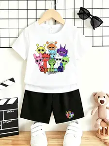 Boys'Cool Sprunki Rhythm Box Cartoon Print Tee & Shorts Set, Breathable Fabric Set Summer Outfit for Kids & Students Loose-Fit Casual#Sprunki Kids Clothes #Multi Color Cartoon Set