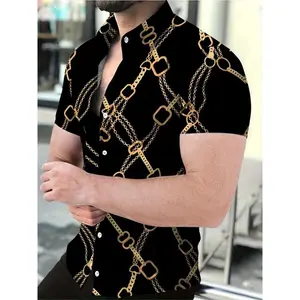 Black Chain Pattern Print, Men's Lapel Short Sleeve, Simple Trendy Shirt, Versatile Top For Holiday Spring Summer Dates Holiday Daily Commute Holiday Leisure Vacation(Sheet)