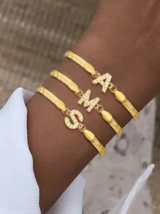 Women's Zirconia Initial Letter Stackable Bracelet, Elegant Stainless Steel Herringbone Chain Design, All-Season Fashion Accessory