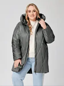 Plus Size Women's Winter Hooded Cotton Jacket, Long Sleeve Zipper Front Casual Coat, Plain Color Warm Outerwear for Ladies