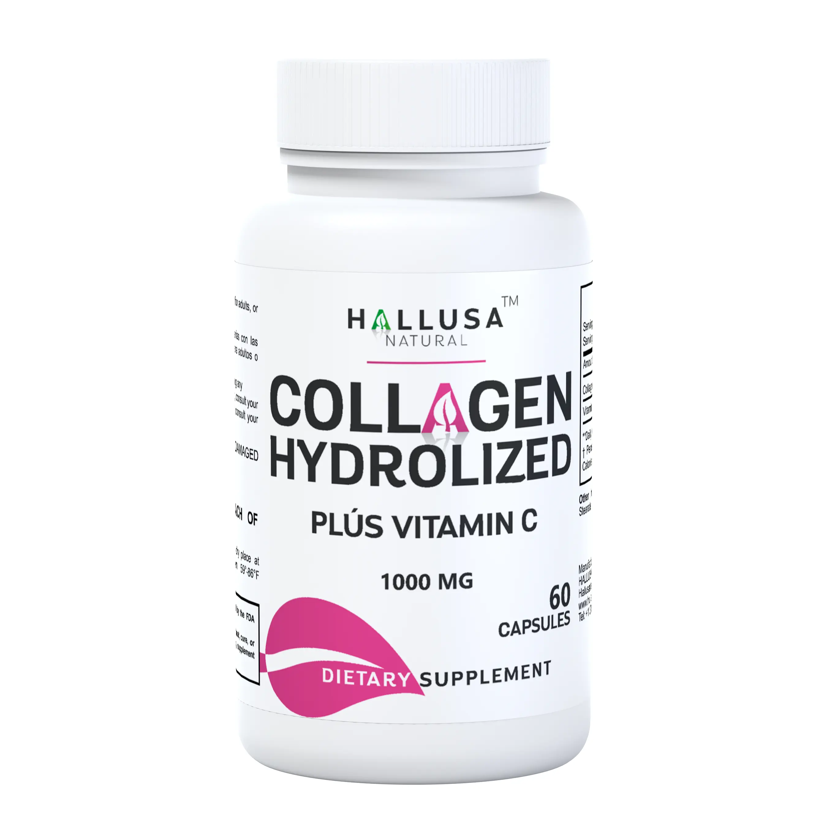 Hallusa Natural Hydrolyzed Collagen Peptides Supplement Capsules - 1000 MG Vitamin C, 60 Caps, Health & Beauty Products for Anti Aging, Joint Support