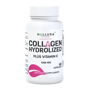 Hallusa Natural Hydrolyzed Collagen Plus Vitamin C 1000 MG 60 Cap - Skin Hair Nail Care Supplement for Anti-aging & Joint Pain Relief