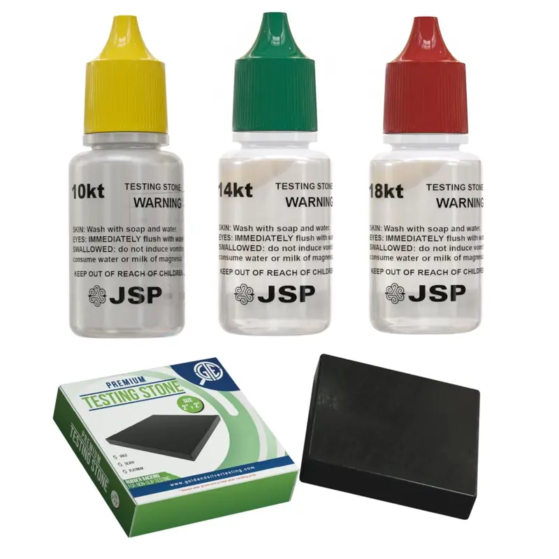 JSP Gold Testing Acid Kit 10K 14K 18K with GTE Stone for Jewelry Purity Test 4-Piece Set Fresh Acids Travel Size