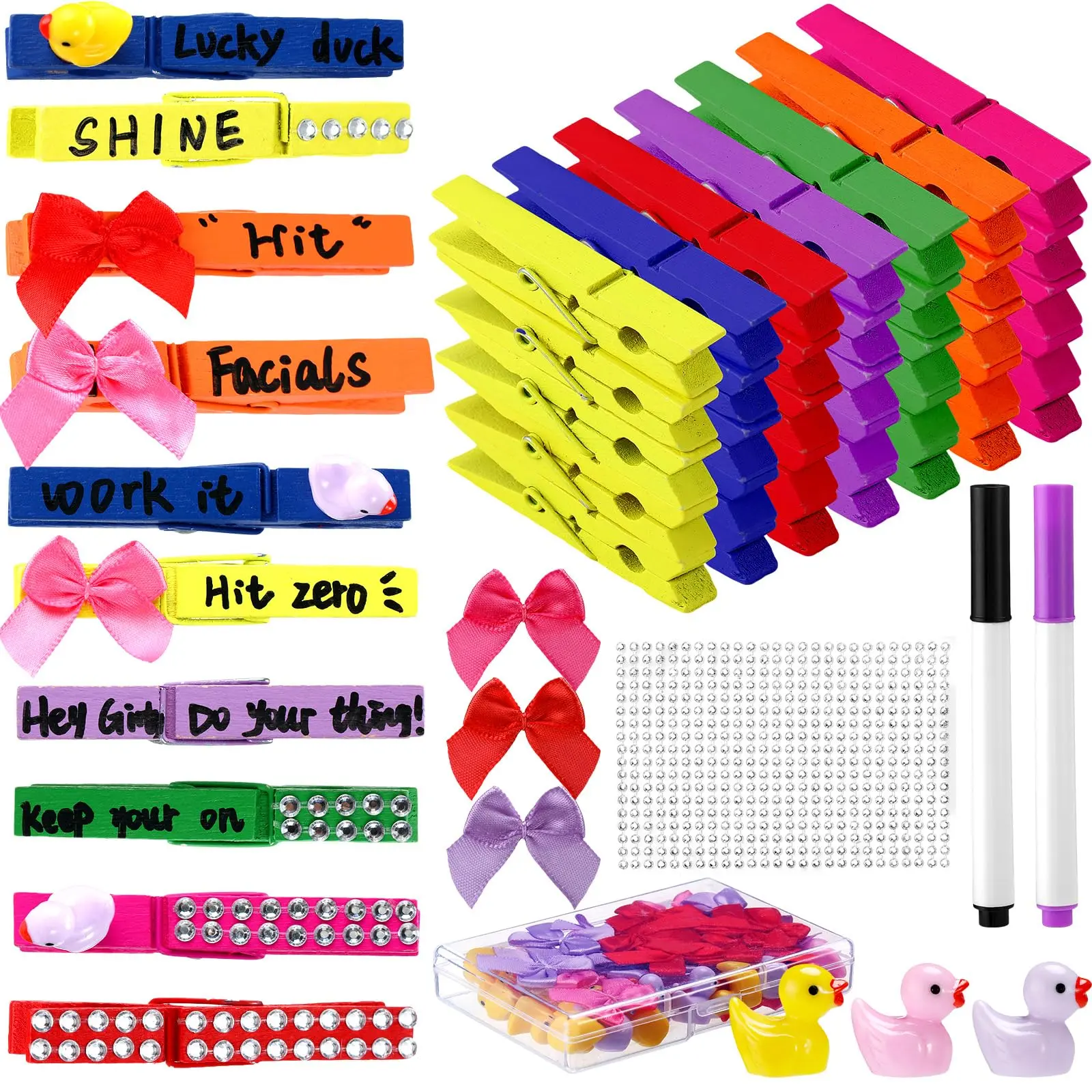 Cheer Spirit Pins Set - 60 Pack Colourful Cheerleading Brooches for Cheer Team Members, Boosts Team Spirit on Game Days, Compatible with Glue Ribbon, Mini, Pen, Wooden Pins, Stickers, Unisex, Multi, Spirited Accessory, Brooch Clips, 60-Pieces