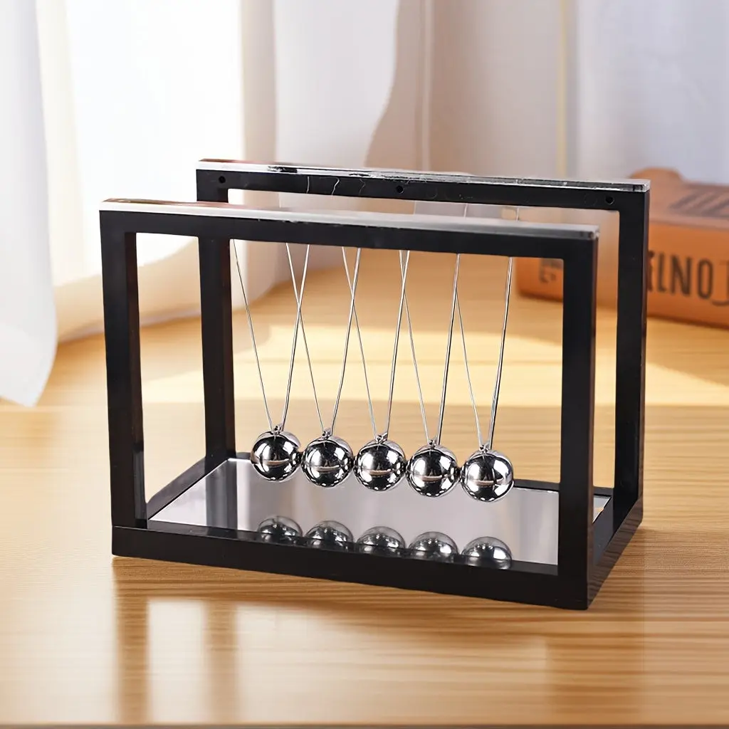 Modern Minimalist Newton's Cradle Gravity-Powered Pendulum Sculpture - Elegant Black ABS Frame with Clear Beads & Spherical Gift Misc
