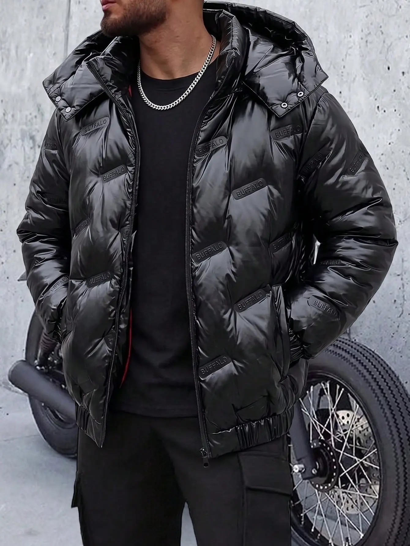 Men's Hooded Jacket Winter Coat Shiny Face