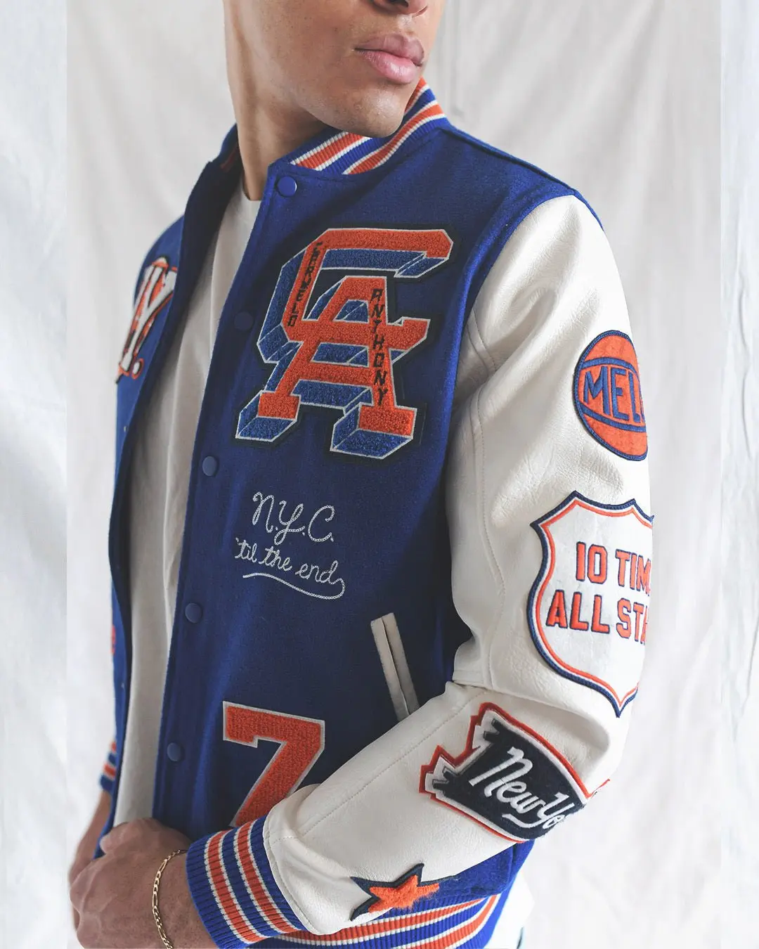 Men's Wool Varsity Jacket with Vegan Leather Sleeves, "NYC till the end" Embroidery, Chenille Patches & Ribbed Cuffs, Pocket, Warmth, Devin Booker