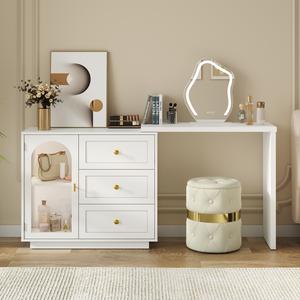 RoyalCraft Makeup Vanity Desk with Drawers, Large Extendable Corner Table for Working,Studying,Drawing, Sewing, and Nail Care, Modern Dressing Table & Home Office Desk for Bedroom, Makeup Vanity Without Mirror (White,beige)