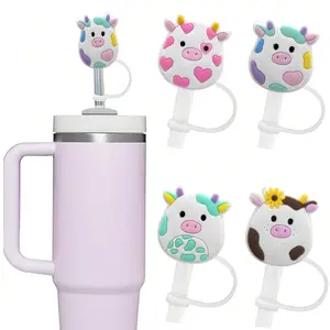 Cute Pig Design Silicone Straw Cap, 4 Counts Reusable Dustproof Straw Cover, Tumbler Straw Lid, Drinkware Accessories for 8mm & 10mm Straws