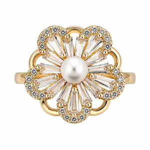 Women's Adjustable Rotating Pearl Flower Spinner Ring - 360° Spin Anxiety Relief Open Band, Gold Floral Statement Cocktail Jewelry Gift