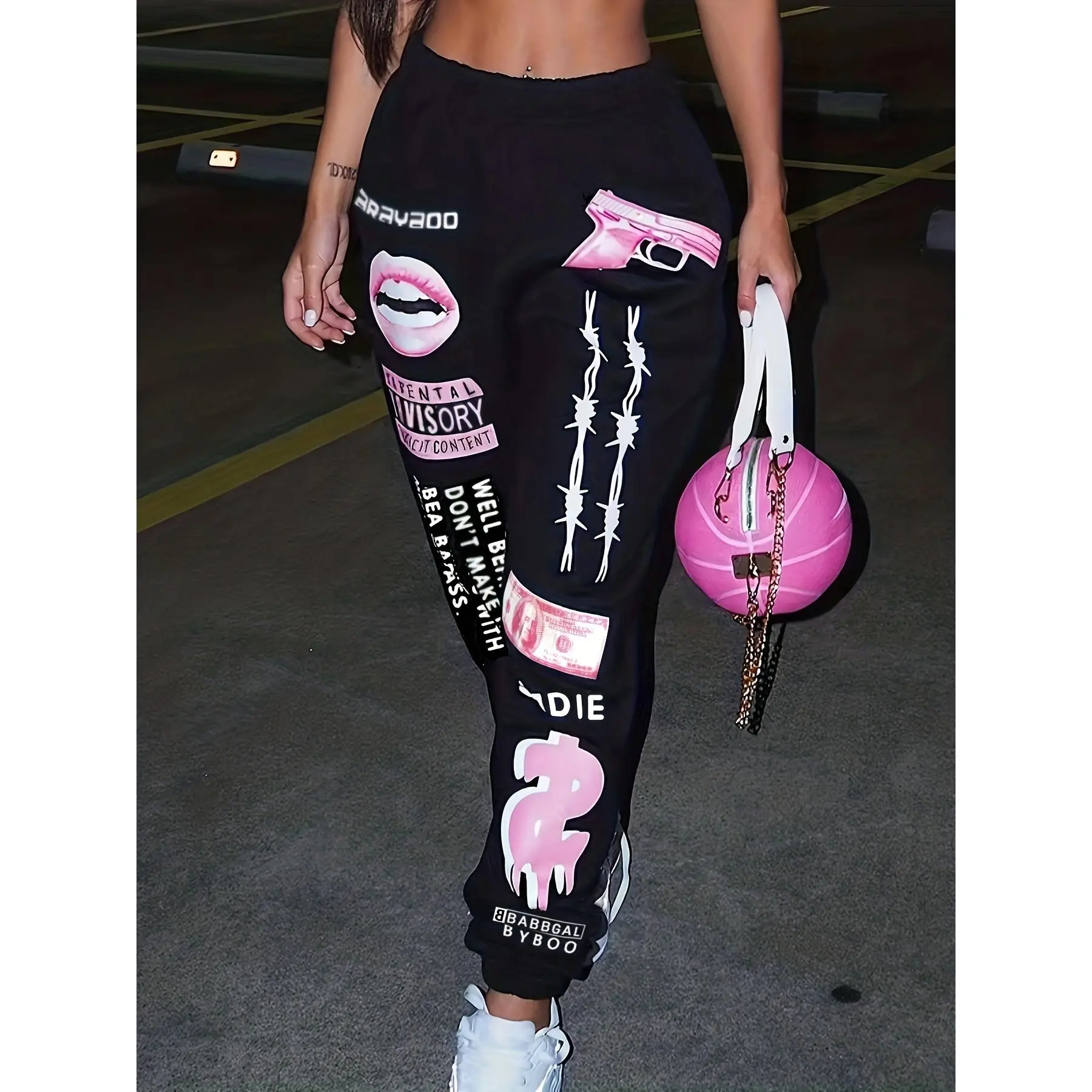 Plus Size Letter Print High Rise Sweatpants, Women's Plus Y2K Slight Stretch Track Pants With Pocket