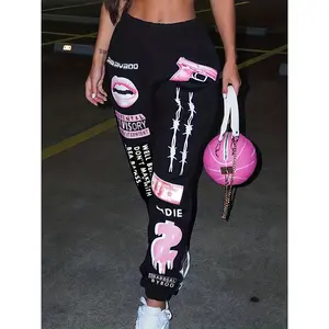 New2025Plus Size Letter Print High Rise Sweatpants, Women's Plus Y2K Slight Stretch Track Pants With Pocket