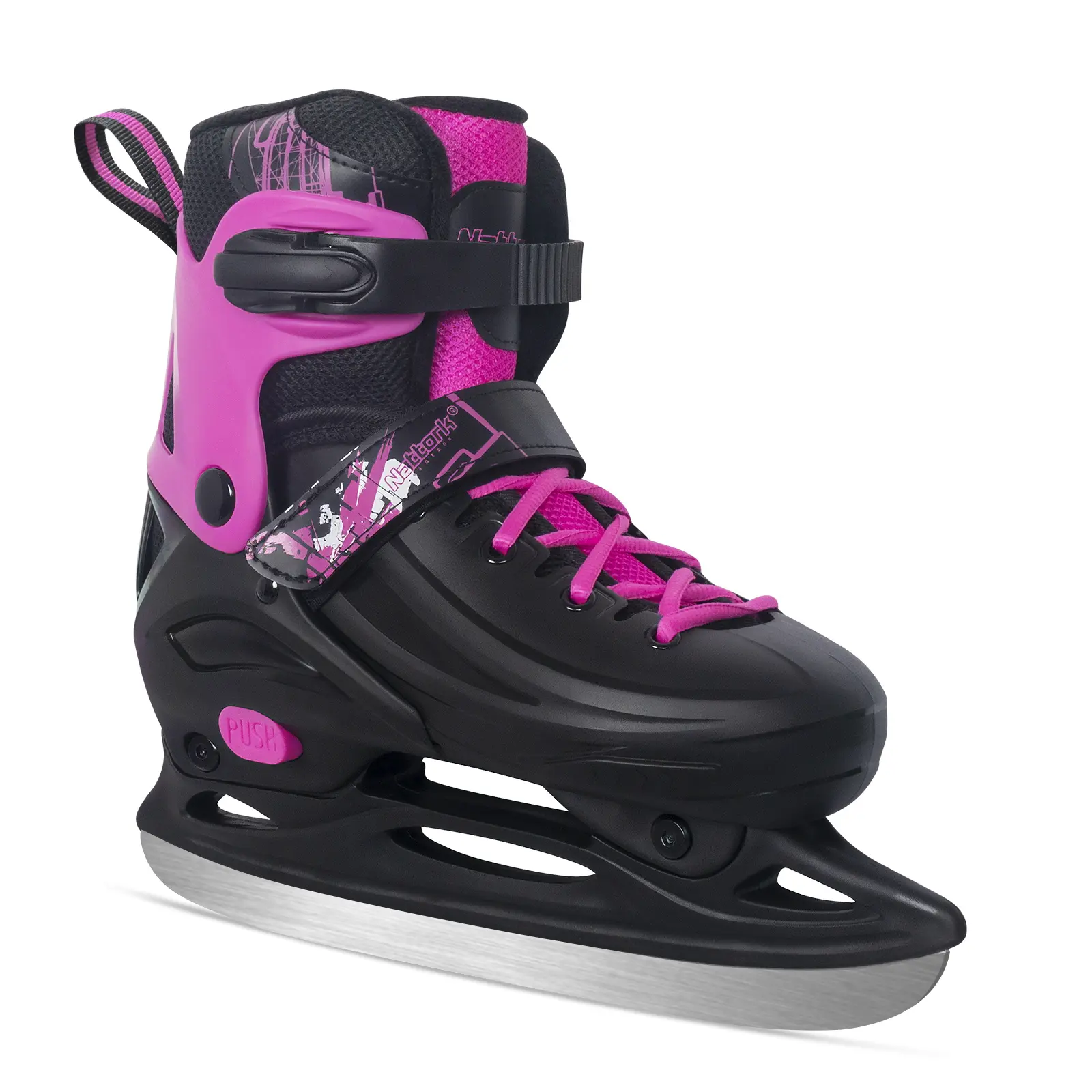 Nattork Adjustable Outdoor Ice Skates for Kids Ages 4-16 - Triple-Lock Safety System, 4-Size Extendable Growth-Fit, Protective Shell, Stainless Steel High-Performance Blades, Warm Thermal Insulation Liner, Secure Hold, Black/Viva Magenta/Pink Teal