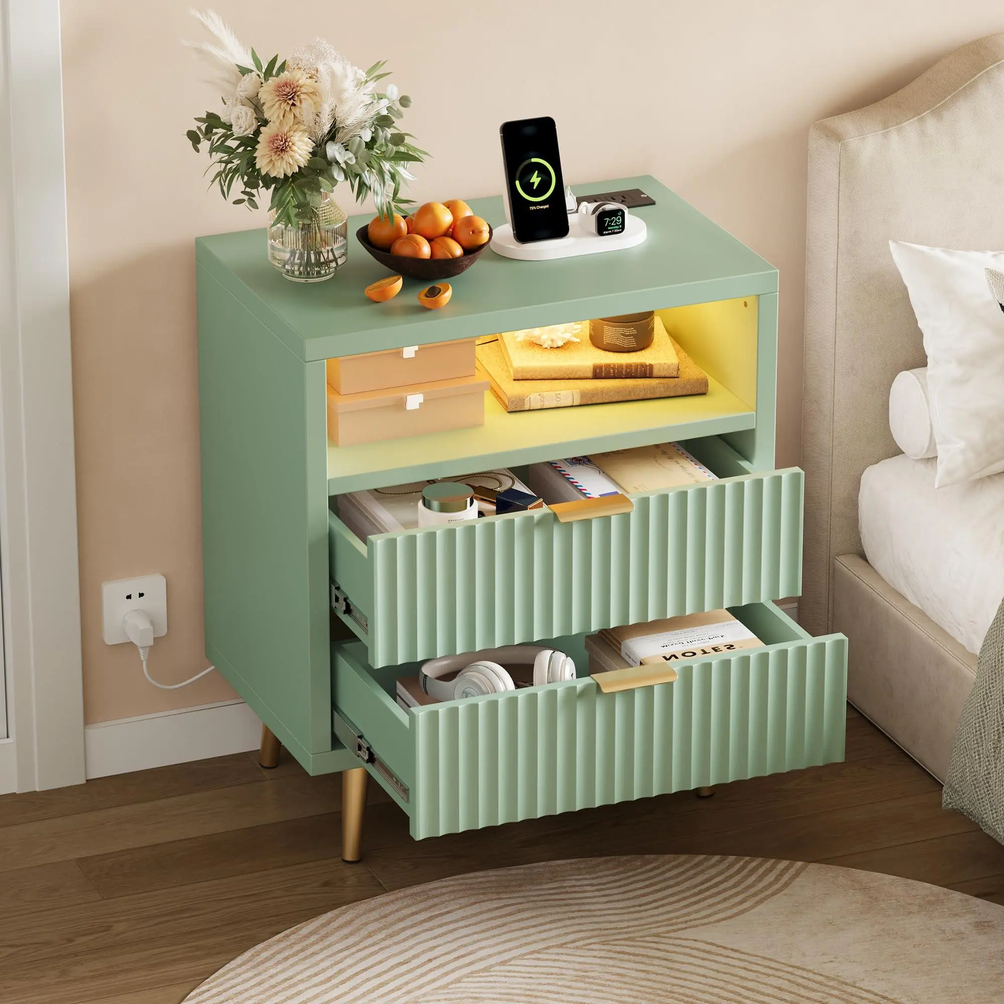 2 Drawers Dresser for Bedroom, 23.6" w Wooden Dresser with LED Lights and Charging Station, Fluted Wood TV Stand with Gold Handle, Modern Chest of Dressers for Closet, Living Room, Hallway, Green