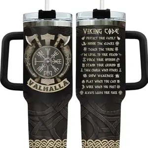 Valhalla Viking 40oz 30oz Tumbler with Handle, 20oz Travel Mug, Nordic Warrior Gift