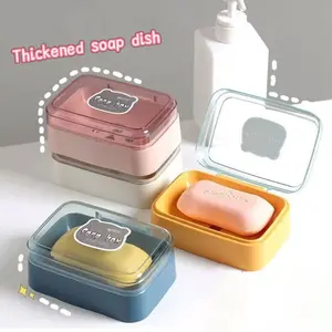 Transparent Plastic Soap Dish with Drain System and Lid, Rectangular Bathroom Organizer, Non-Slip Base, Durable for Home, Dorm, Travel