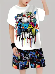 Graffiti Game Set Outfit, Vibrant Handle Printed Fitted Short Sleeve Top & Shorts, Trendy Outdoor Wear, Casual All Season Clothing