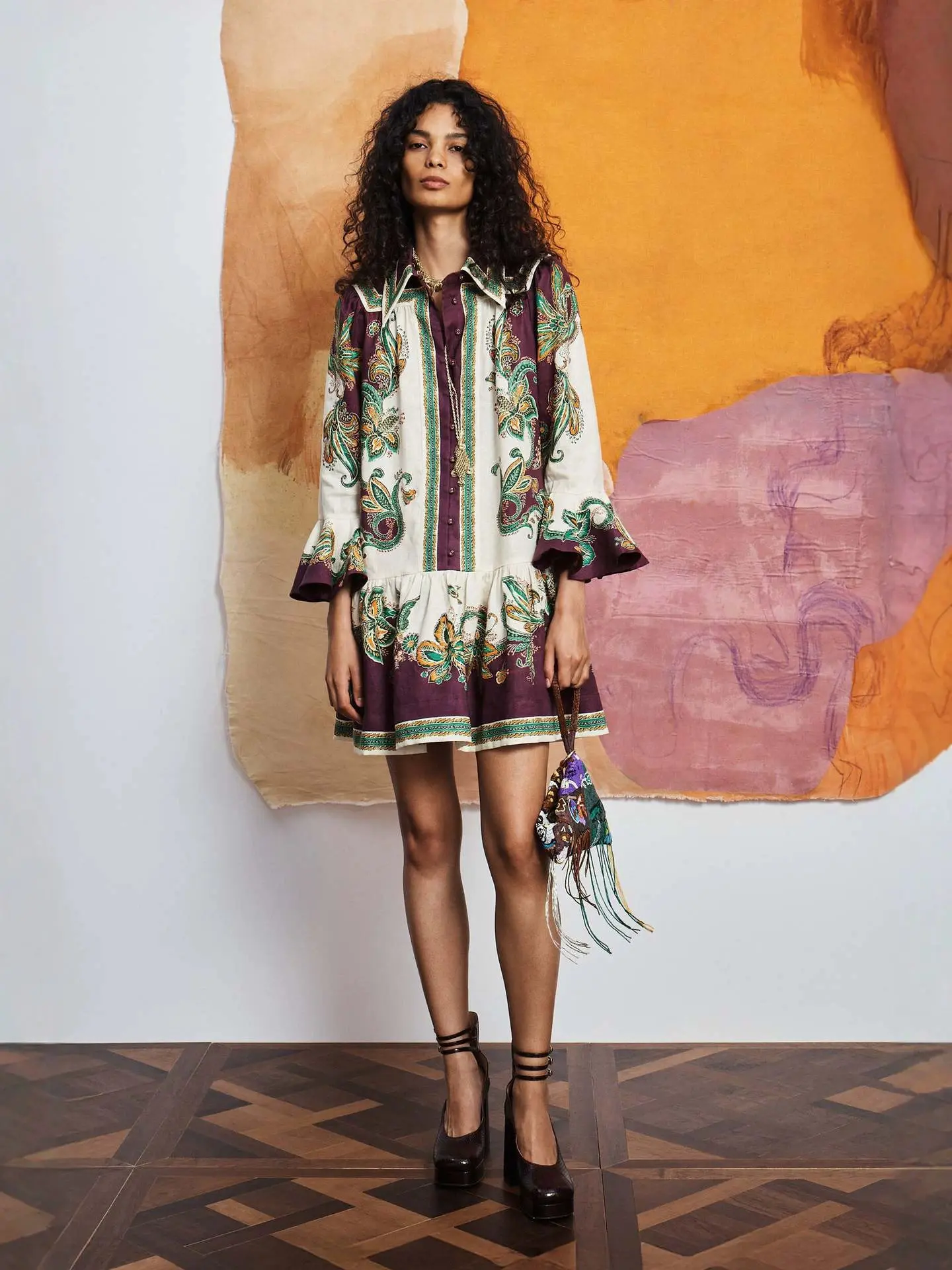 Women's Boho Floral Print Button Front Shirt Dress with Belt Long Bell Sleeve Vacation Mini Dress