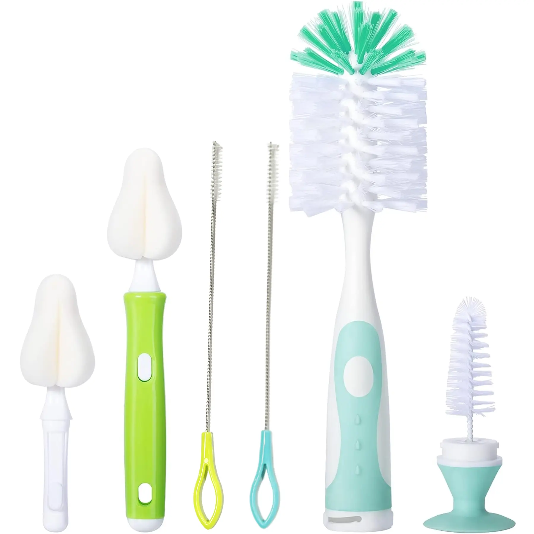 BPA-Free Baby Bottle Cleaning Kit Set with Suction Cup Stand - Hidden Nylon Nipple Cleaner, 2 Sponge Brushes, 2 Straw Brushes for Wide/Narrow Bottles, Breast Pump Parts