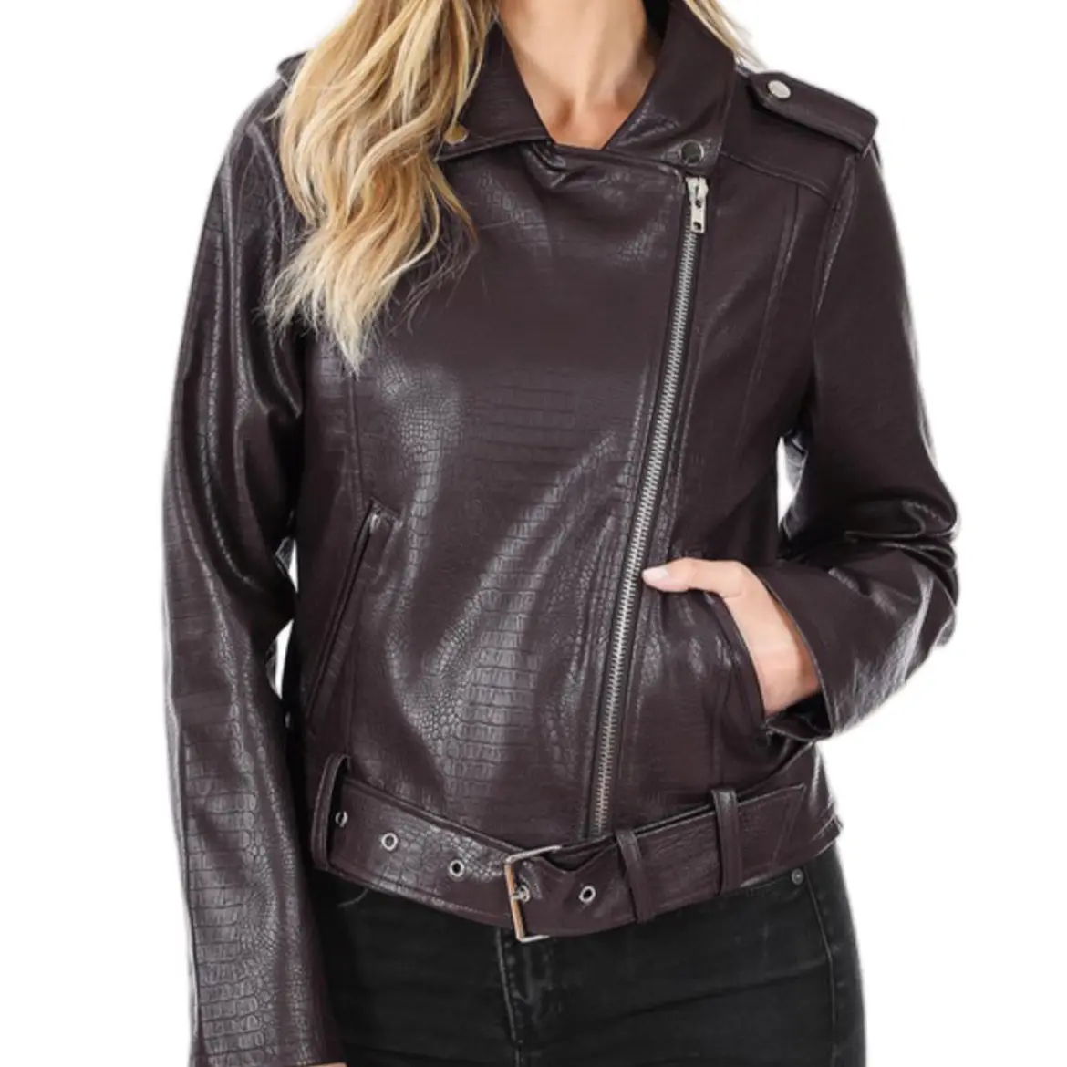 ESF Women's Vegan Faux Snake Print Leather Jacket with Adjustable Belt and Pockets - Coats, Womenswear