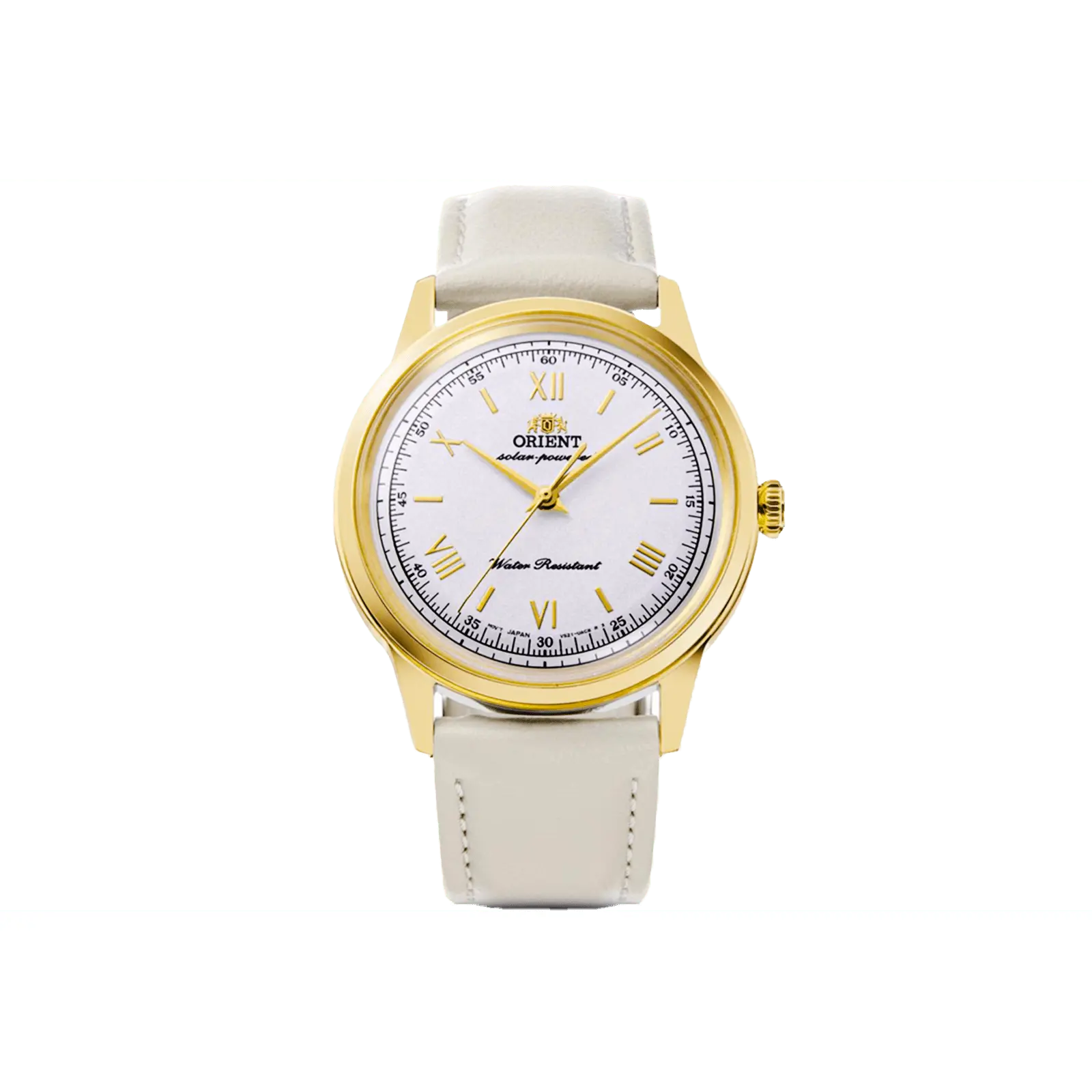 Orient Bambino Classic Unisex Watch, Solar Quartz Movement with 6 Months Power Reserve, Plant-Based Leather Strap, 38.4mm Stainless Steel Case, Leather Watch, Stylish Watch