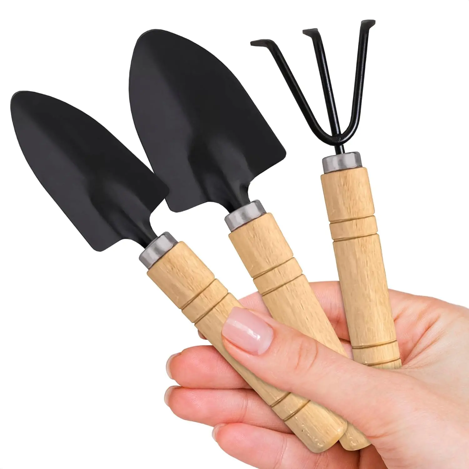 Small Gardening Tools - 3-Piece Mini Gardening Tool Set, Including Small Trowel, Mini Shovel, and Hand Rake, Made of Rust-Resistant Iron and Solid Wood - Indoor Gardening Tool Set, Suitable for Succulents, Bonsai, and Potted Plants