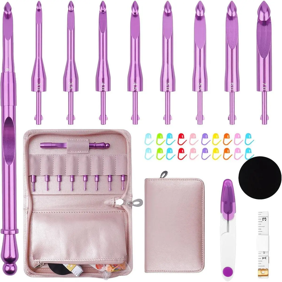 Interchangeable Crochet Hooks Set with Case Inline Crochet Hooks Size from 3mm-8mm Ergonomic Handle Crochet Needles Set with Case for Beginners