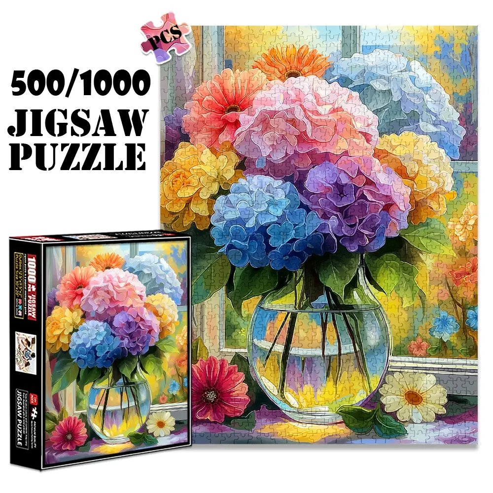 1pc 1000 piece adult puzzle 70x50cm Vase with Multicolored Hydrangeas and Flowers by Window 500 pieces of paper jigsaw puzzle, suitable for adults and families, large-scale DIY puzzle interactive to Art Puzzles Gift