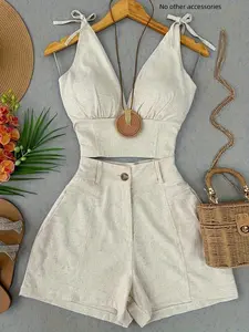 Vintage Sleeveless Waist-Defining Tank Top and Shorts Set, Retro Style for Spring and Summer, Essential for Women