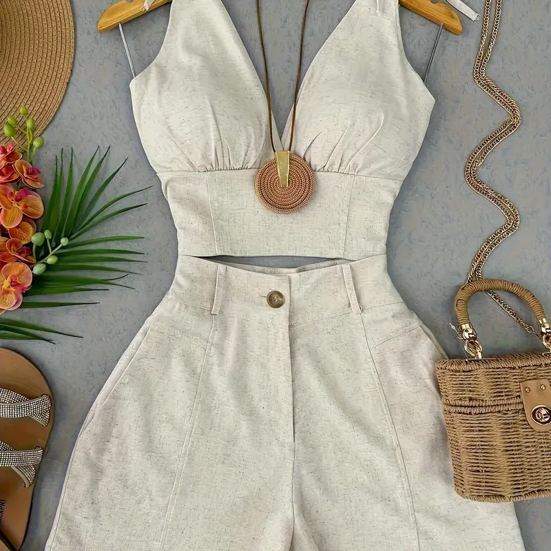 Vintage Solid Sleeveless Waist-Defining Fit Crop Tank Top and Shorts Set, Retro Style for Summer Essential for Women, Casual Everyday Set